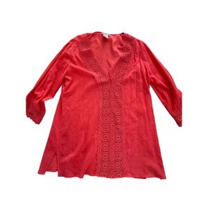 LA BLANCA Coral Crochet V Neck Swim Cover Up Tunic Dress Size L